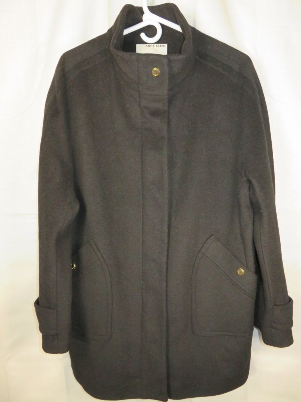 Anne Klein Wool Blend Full Zip Heavy Winter Black Jacket Coat Gold Hardware